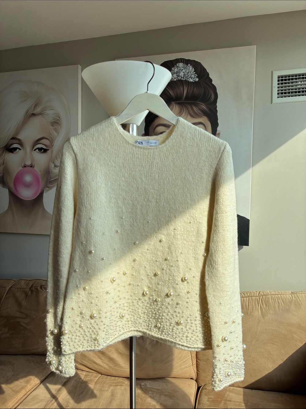 Zara Cream Pearl-Embellished Knit Top